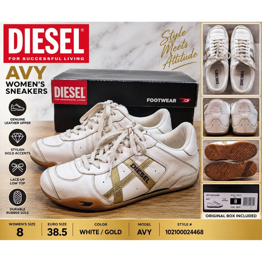 Diesel Avy Womens Sneakers White Gold Leather Low Top 102100024468 Size 8